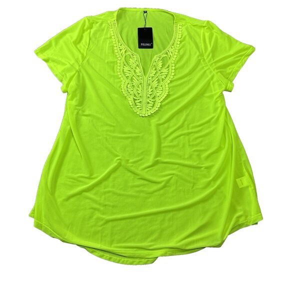 Folunsi Neon Green Cover Up/ Tunic Top Plus Size 4X -5X Embroidered‎ V Neck NWT - Picture 1 of 7
